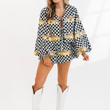 Checkered Taxi Tie Bubble Sleeve Top | Queen Of Sparkles