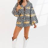 Checkered Taxi Tie Bubble Sleeve Top | Queen Of Sparkles