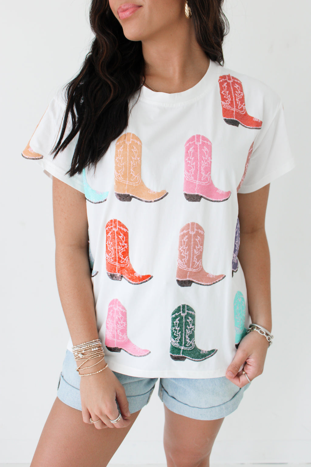 WHITE MULTI COWBOY BOOT TEE | QUEEN OF SPARKLES