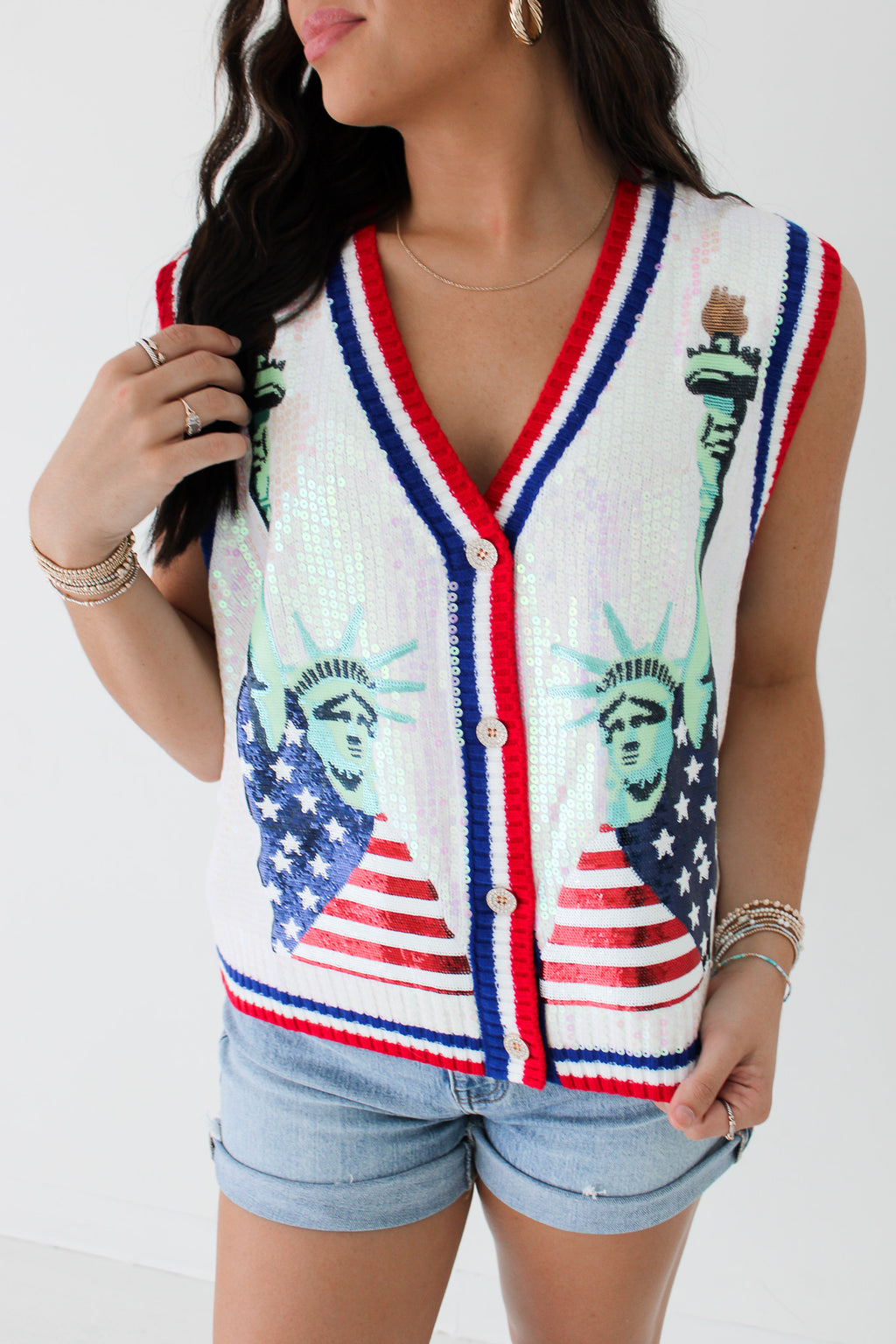 WHITE FULL SEQUIN STATUE OF LIBERTY BUTTON UP SWEATER VEST | QUEEN OF SPARKLES