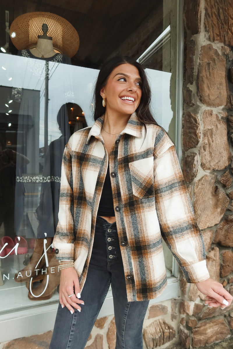 OVERSIZED PLAID SHACKET | CAMEL