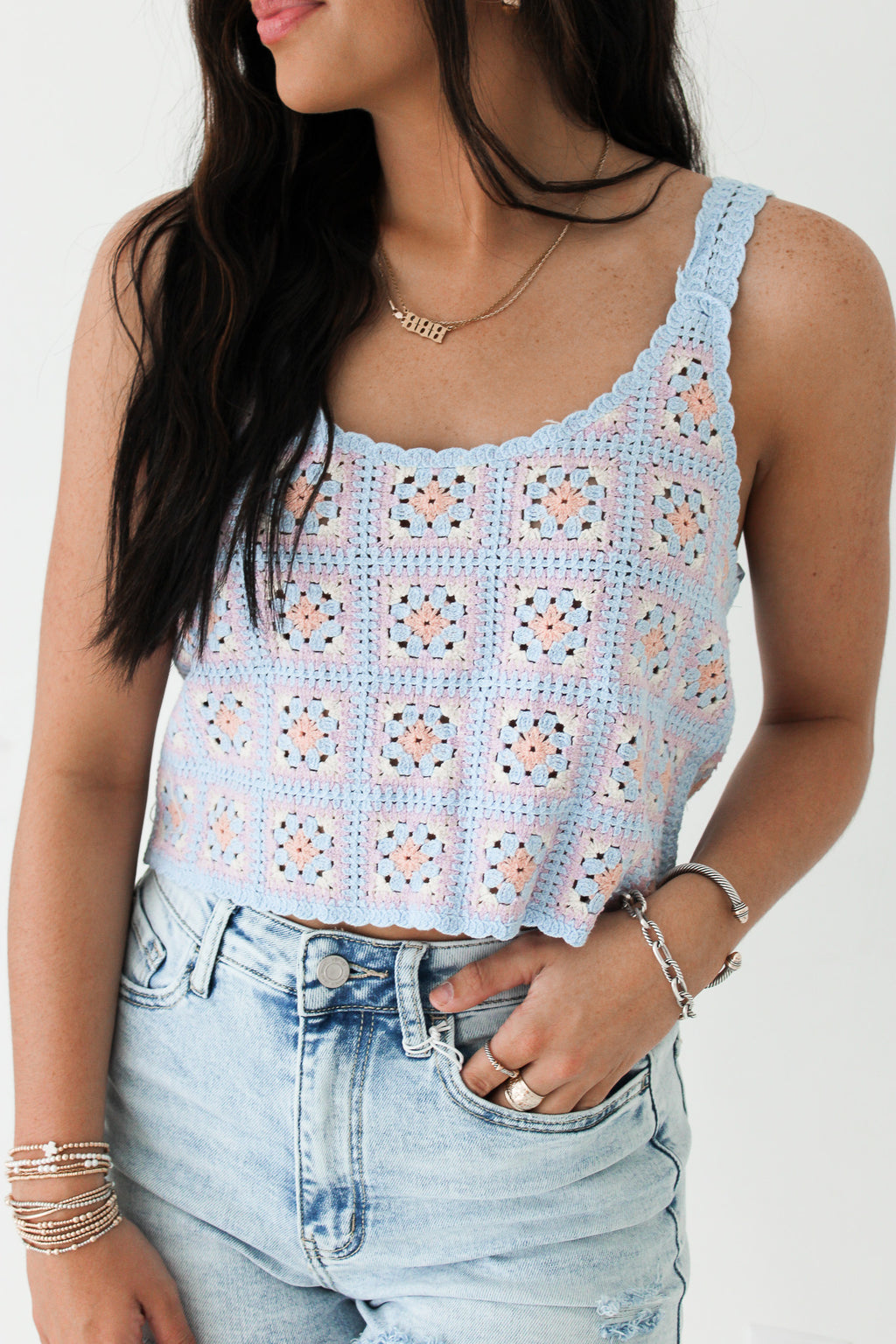 BLOOM WITH GRACE FLORAL CROCHET TOP | SKY