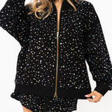 Black Scattered Rhinestone Zip Up Mock Neck Sweatshirt | Queen Of Sparkles