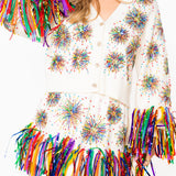 White Multi Firework Fringe Cardigan | Queen Of Sparkles