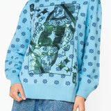 Aqua & Green Flower Print Queen Card Sweater | Queen Of Sparkles