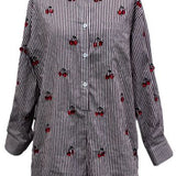 Striped Cotton Button Up Long Sleeve Jeweled Cherry Romper | Queen Of Sparkles