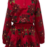 Red Poinsettia Button Up Mock Neck Tie Sweatshirt Dress | Queen Of Sparkles