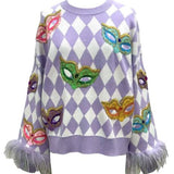 Lavender & White Diamond Print Multi Mask Feather Sleeve Sweater | Queen Of Sparkles