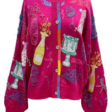 Hot Pink Birthday Icon Rainbow Trim Button Up Cardigan | Queen Of Sparkles