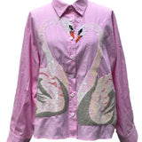 Pink Striped Sequin Swan Button Up Long Sleeve Top | Queen Of Sparkles