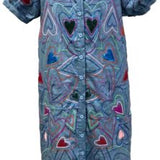 Light Denim Multi Groovy Heart Button Up Cotton Midi Dress | Queen Of Sparkles