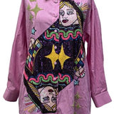 Pink Queen Card Button Up Collar Cotton Dress | Queen Of Sparkles