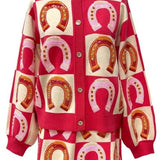 Hot Pink Checkered Horse Shoe Button Up Sweater | Queen Of Sparkles