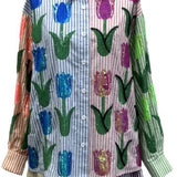 Striped Colorblock Sequin Tulip Button Up Cotton Long Sleeve Top | Queen Of Sparkles