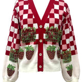 Red & White Checkered Strawberry Button Up Cardigan | Queen Of Sparkles