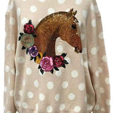 Tan Polka Dot Horse with Rose Wreath Sweater | Queen Of Sparkles