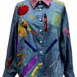 Denim & Red Gingham Collar Teacher Icon Button Up Top | Queen Of Sparkles