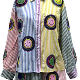 Licensed Striped Colorblock Smiley Button Down Top | Queen Of Sparkles