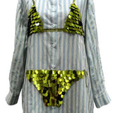 RESTOCK COMING - Blue & White Stripe Cotton Button Up With Gold Bikini Tunic | Queen Of Sparkles