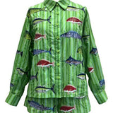 Green Striped Multi Fish Button Up Top | Queen Of Sparkles