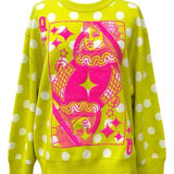 Lime Green & Pink Polka Dot QOS Card Logo Sweater | Queen Of Sparkles