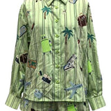 Green Striped Travel Icon Button Up Long Sleeve Top | Queen Of Sparkles
