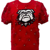 Licensed UGA Mascot Scattered Jewel Feather Short Sleeve Sweater | Queen Of Sparkles