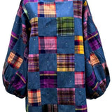 Denim and Multi Plaid Checkered Bubble Sleeve Dress | Queen Of Sparkles