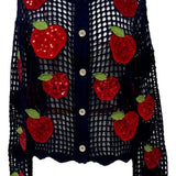 Crochet Navy & Red Sequin Apple Button Up Sweater | Queen Of Sparkles