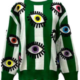 Green & White Striped Multi Eye Sweater | Queen Of Sparkles