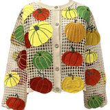 Beige Multi Pumpkin Crochet Button Up Long Sleeve Top | Queen Of Sparkles
