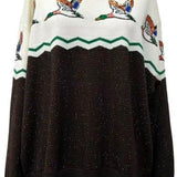 Brown & Ivory Colorblock Duck Rhinestone Sweater | Queen Of Sparkles