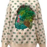 Beige & Green Flower Print Feather Turkey Sweater | Queen Of Sparkles