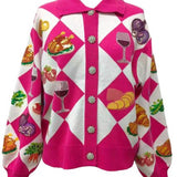 Pink Diamond Print Thanksgiving Dinner Button Up Sweater | Queen Of Sparkles