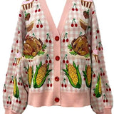 Light Pink Checkered Thanksgiving Dinner & Cherry Cardigan | Queen Of Sparkles