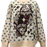 Beige, Blue & Brown Flower Print Queen Card Sweater | Queen Of Sparkles