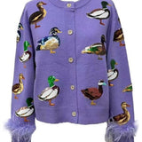 Purple Multi Ducks Feather Sleeve Button Up Cardigan | Queen Of Sparkles