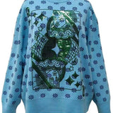 Aqua & Green Flower Print Queen Card Sweater | Queen Of Sparkles