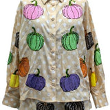 Beige & White Polka Dot Multi Pumpkin Cotton Button Up Top | Queen Of Sparkles