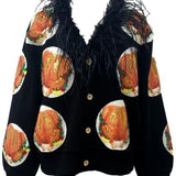Navy Turkey On Plates Feather Neck Button Up Cardigan | Queen Of Sparkles