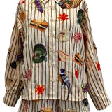 Beige Striped Thanksgiving Icon Button Up Cotton Top | Queen Of Sparkles