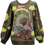 Olive Green Multi Turkey And Leaves Sweatshirt | Queen Of Sparkles