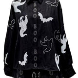 Black Denim Ghost 'Boo' Button Up Cotton Long Sleeve Top | Queen Of Sparkles