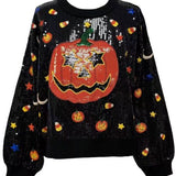 Black Full Sequin Pumpkin & Mini Icon Sweater | Queen Of Sparkles