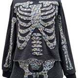 Charcoal Iridescent Jeweled Skeleton Sweatshirt | Queen Of Sparkles