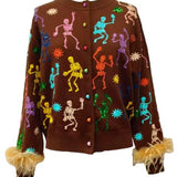 Brown Multi Skeleton Feather Sleeve Button Up Cardigan | Queen Of Sparkles