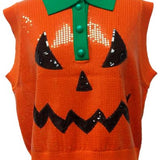 Orange Full Sequin Pumpkin Face Collar Button Up Vest | Queen Of Sparkles