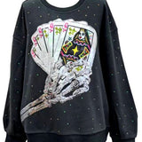 Charcoal Skeleton Holding Queen Cards Rhinestone Sweatshirt | Queen Of Sparkles