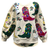 Beige Multi Christmas Cowboy Boots Sweatshirt | Queen Of Sparkles