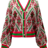 Beige, Green & Red Flower Print Christmas Cardigan | Queen Of Sparkles